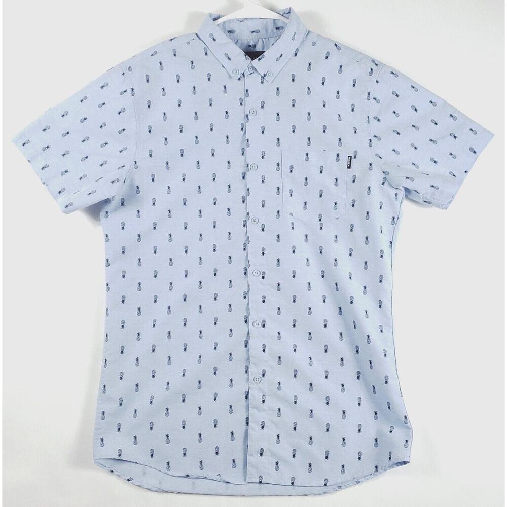 Molokai Surf Co. Shirt Mens Medium Blue Hawaiian Pineapples Cotton Short Sleeve